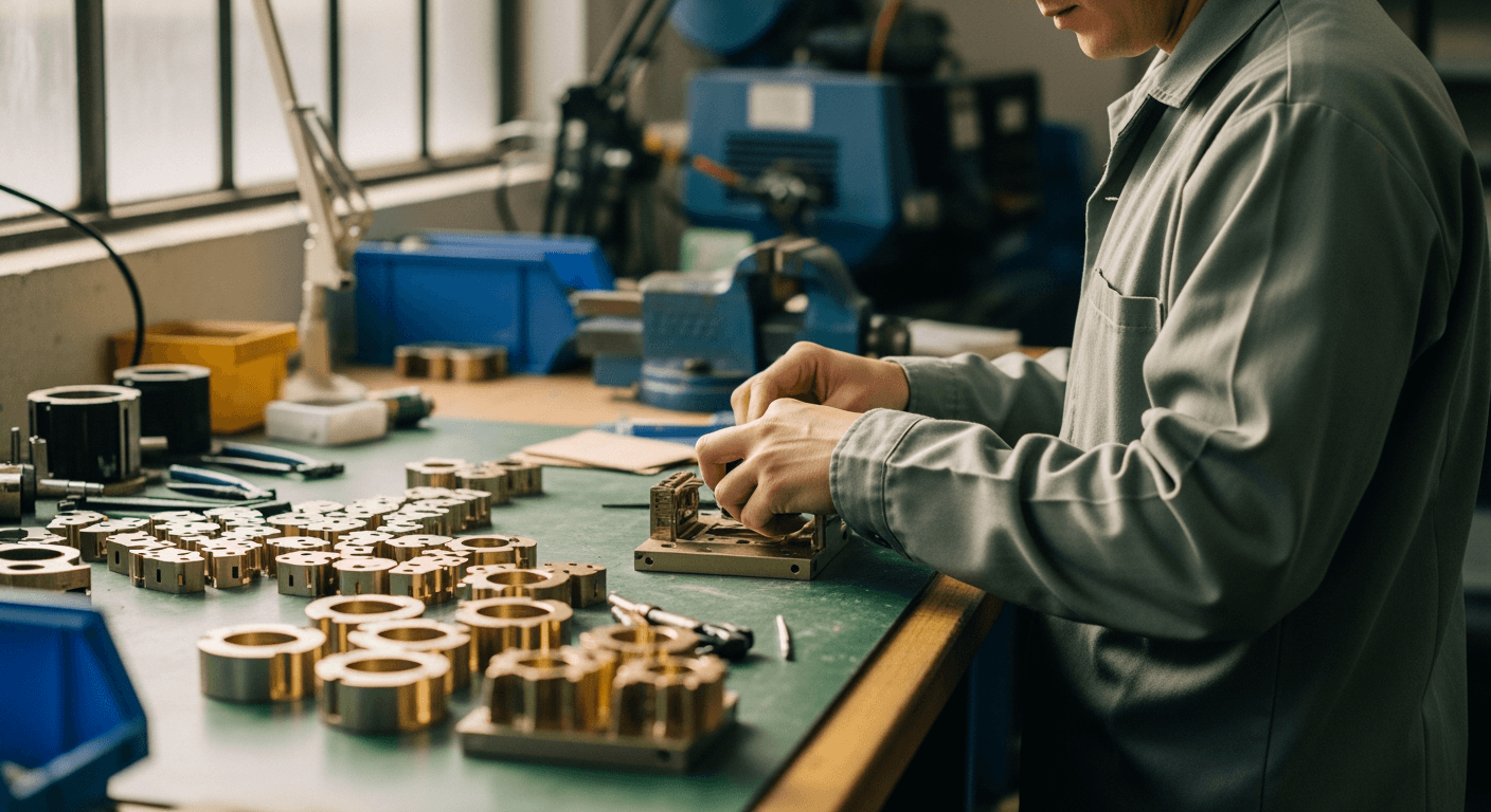 Worker's hands carefully assembling small metal components on a workbench.
