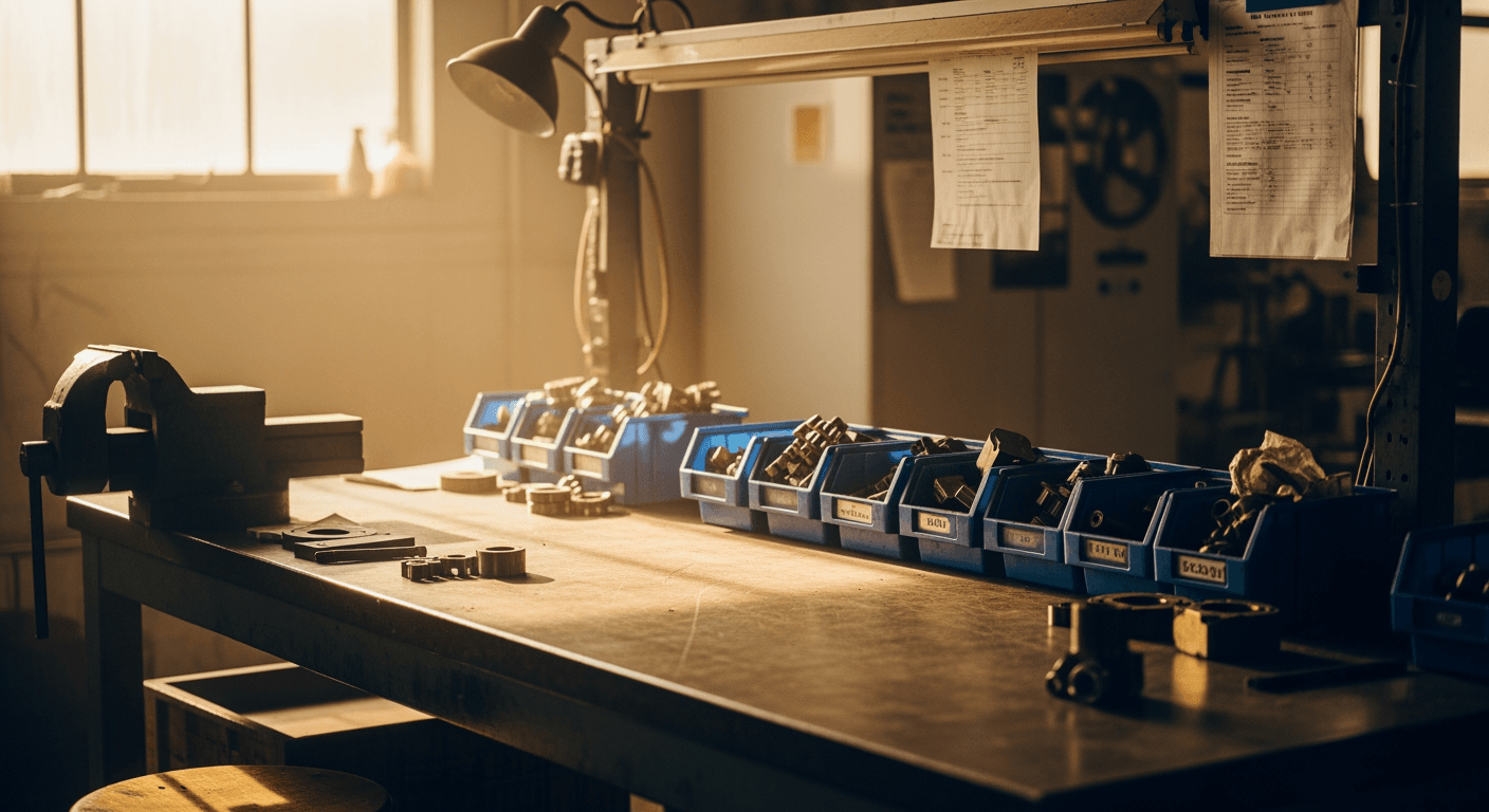 Empty industrial workbench with organized blue bins and small parts waiting to be assembled.
