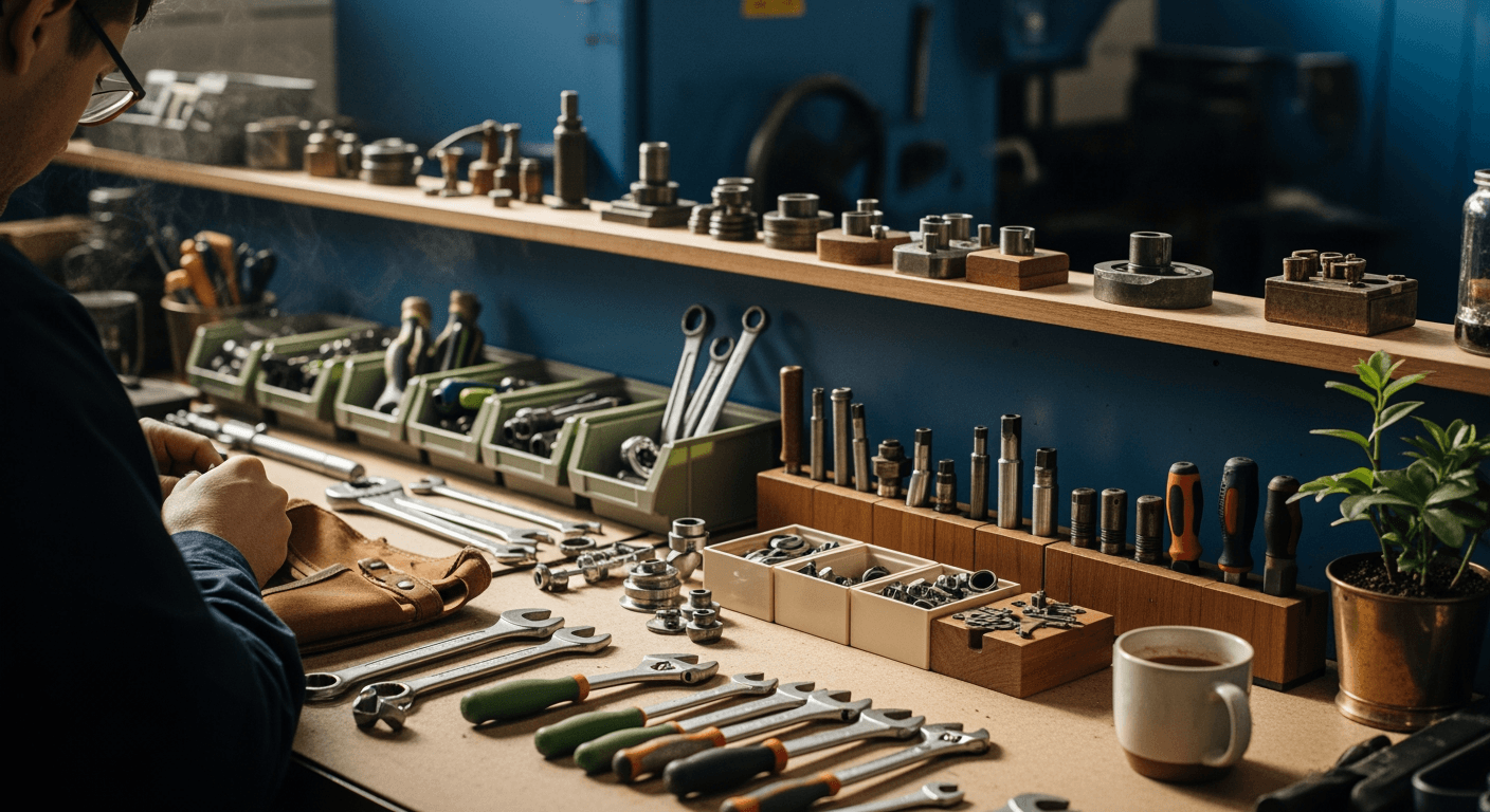 View from behind a worker, showing a row of organized tools and parts on an industrial workbench.