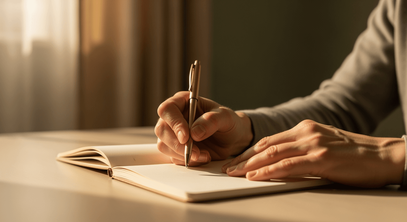 Gentle hands holding a pen, poised over an open professional notebook on a clean desk.