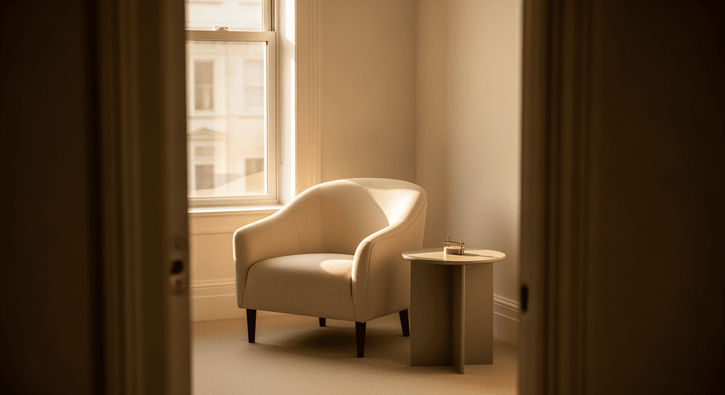 A quiet, sunlit consultation room with an empty chair and a warm, inviting atmosphere.