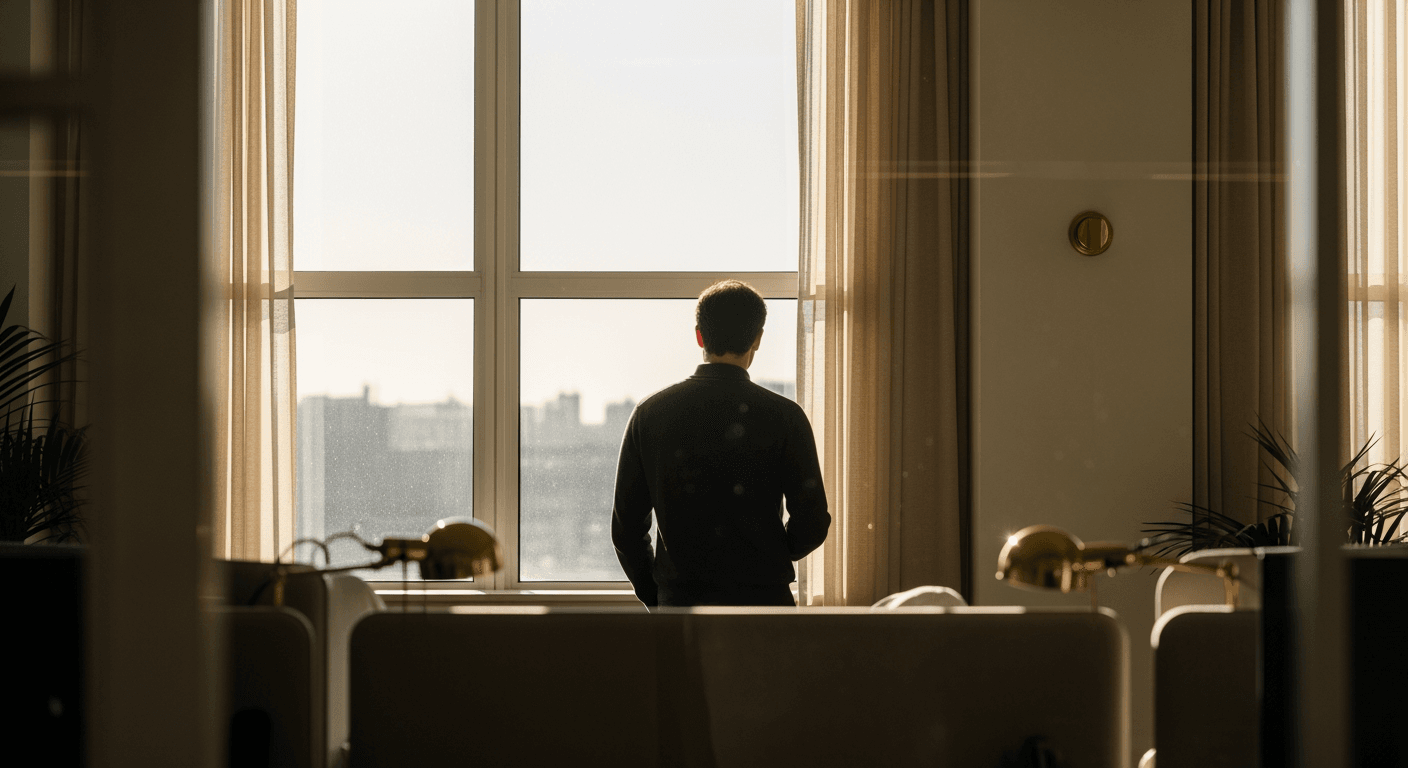 A person viewed from behind, standing thoughtfully by a large window in a modern office.