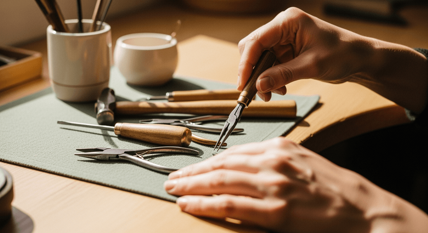 Close-up of hands carefully organizing small, well-used tools on a workbench.
