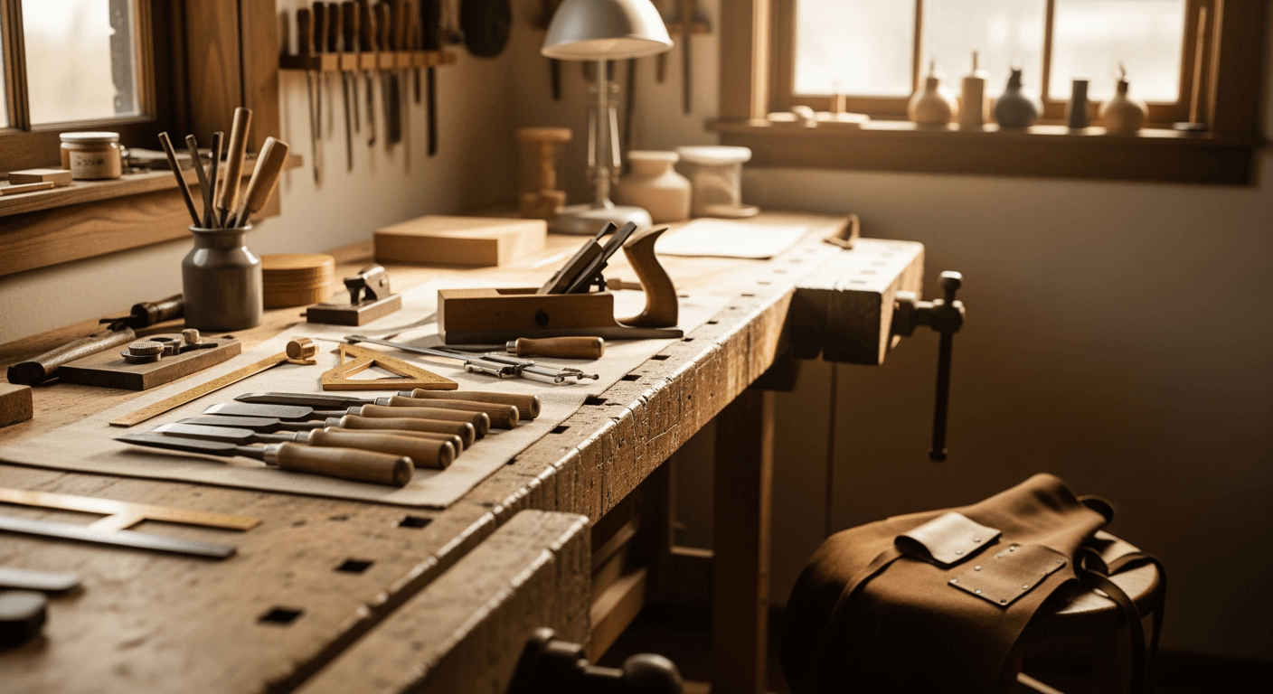 Empty, well-organized workbench in a quiet workshop, bathed in soft morning light.