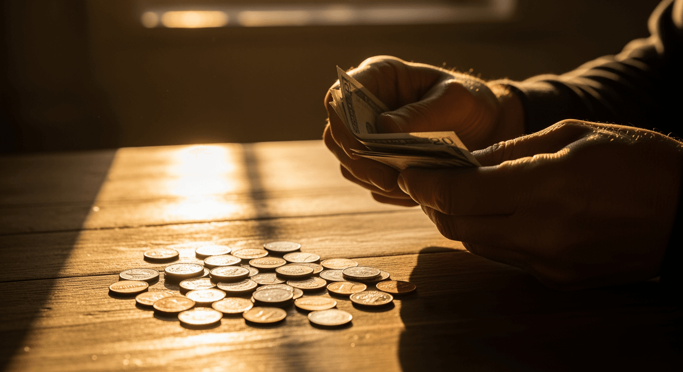 Hands holding a small stack of bills and coins, counting money on a worn wooden table.