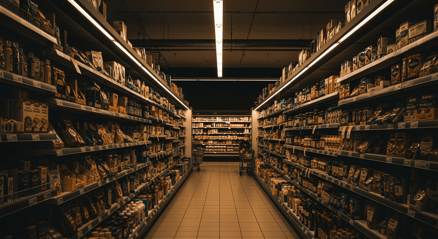 An empty, quiet supermarket aisle with shelves full of products, bathed in morning light.
