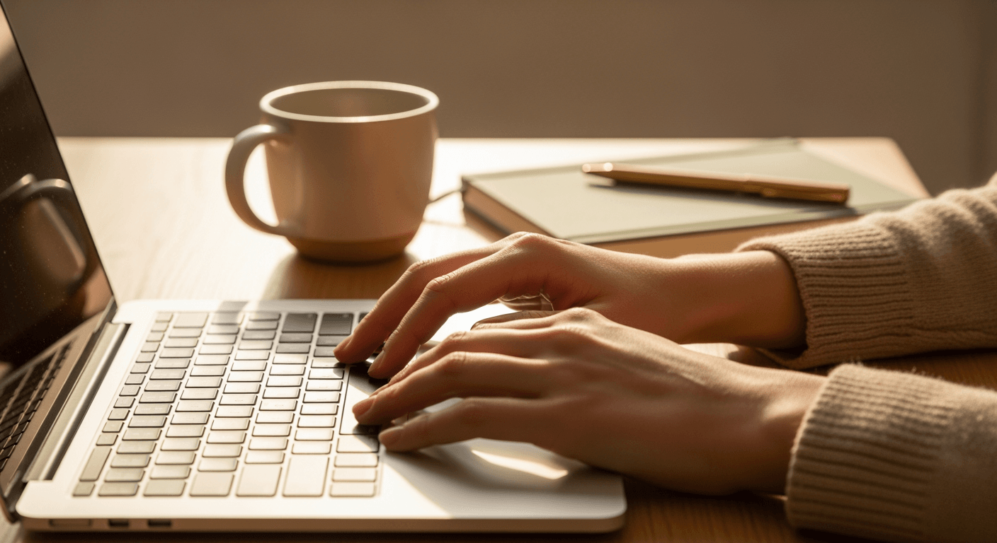 Hands resting on a laptop keyboard, a ceramic mug and notebook on a sunlit desk.