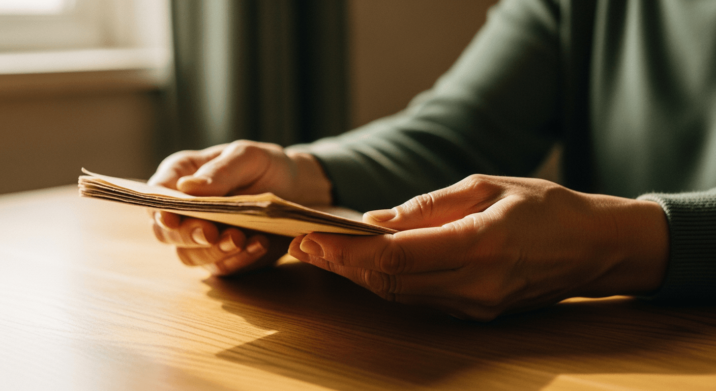 Close-up of hands holding a worn document on a wooden table, soft light.