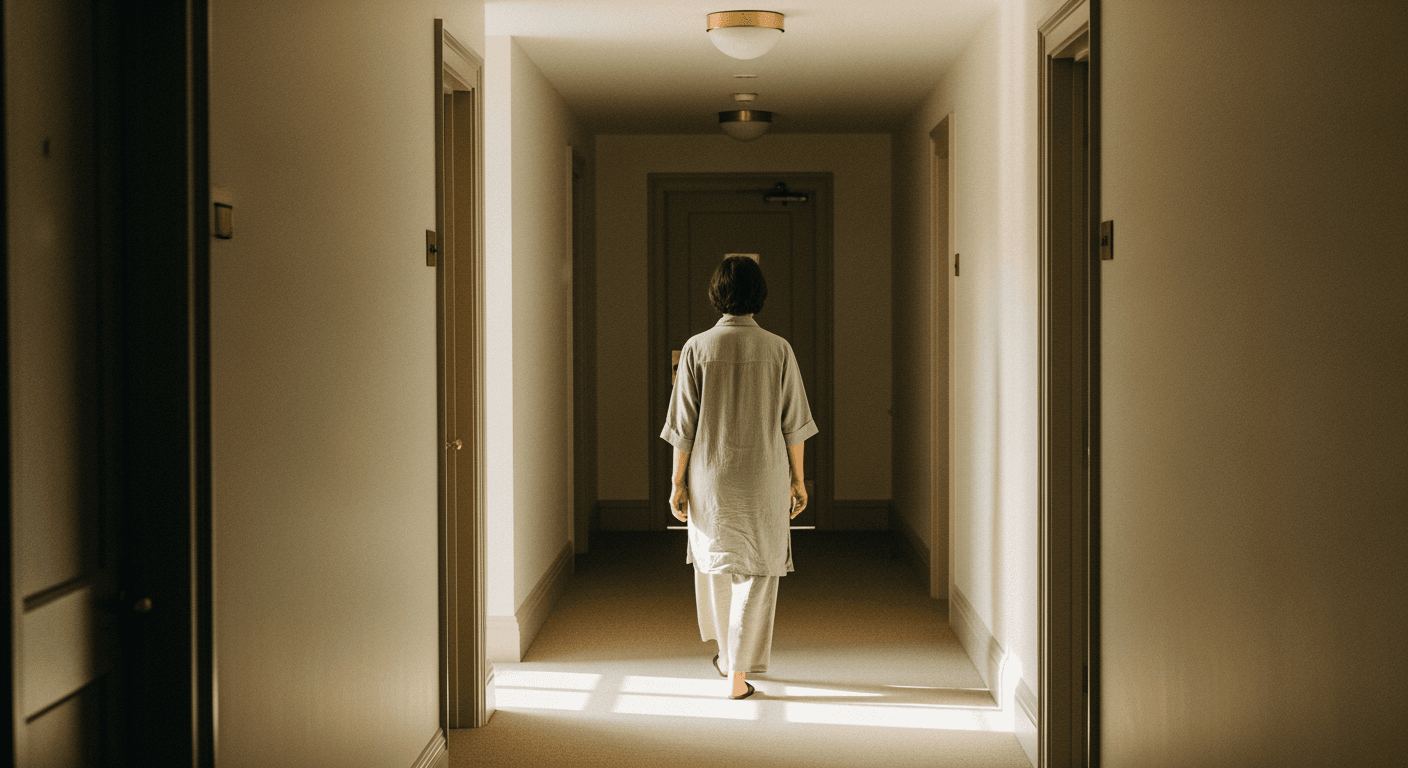 A lone person walking down a quiet, muted hallway towards a closed door.