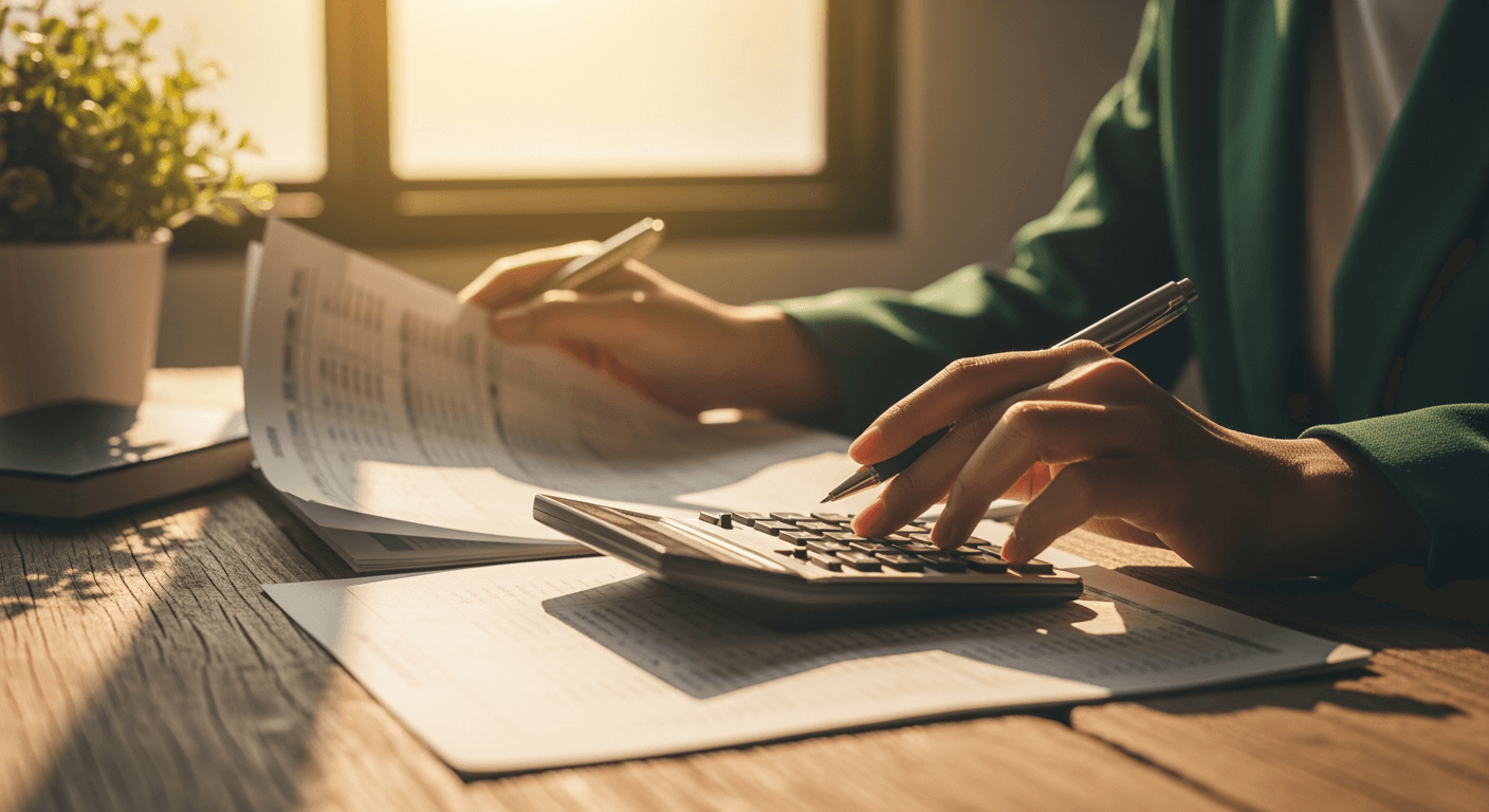 Hands reviewing financial ledger with calculator and pen on a wooden desk.