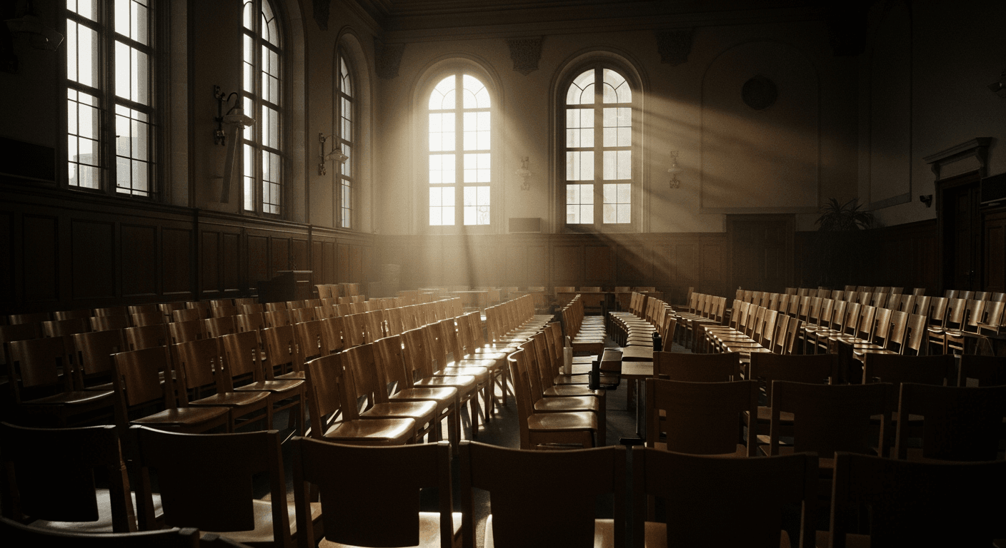 Wide shot of a quiet municipal council chamber, empty and well-lit.