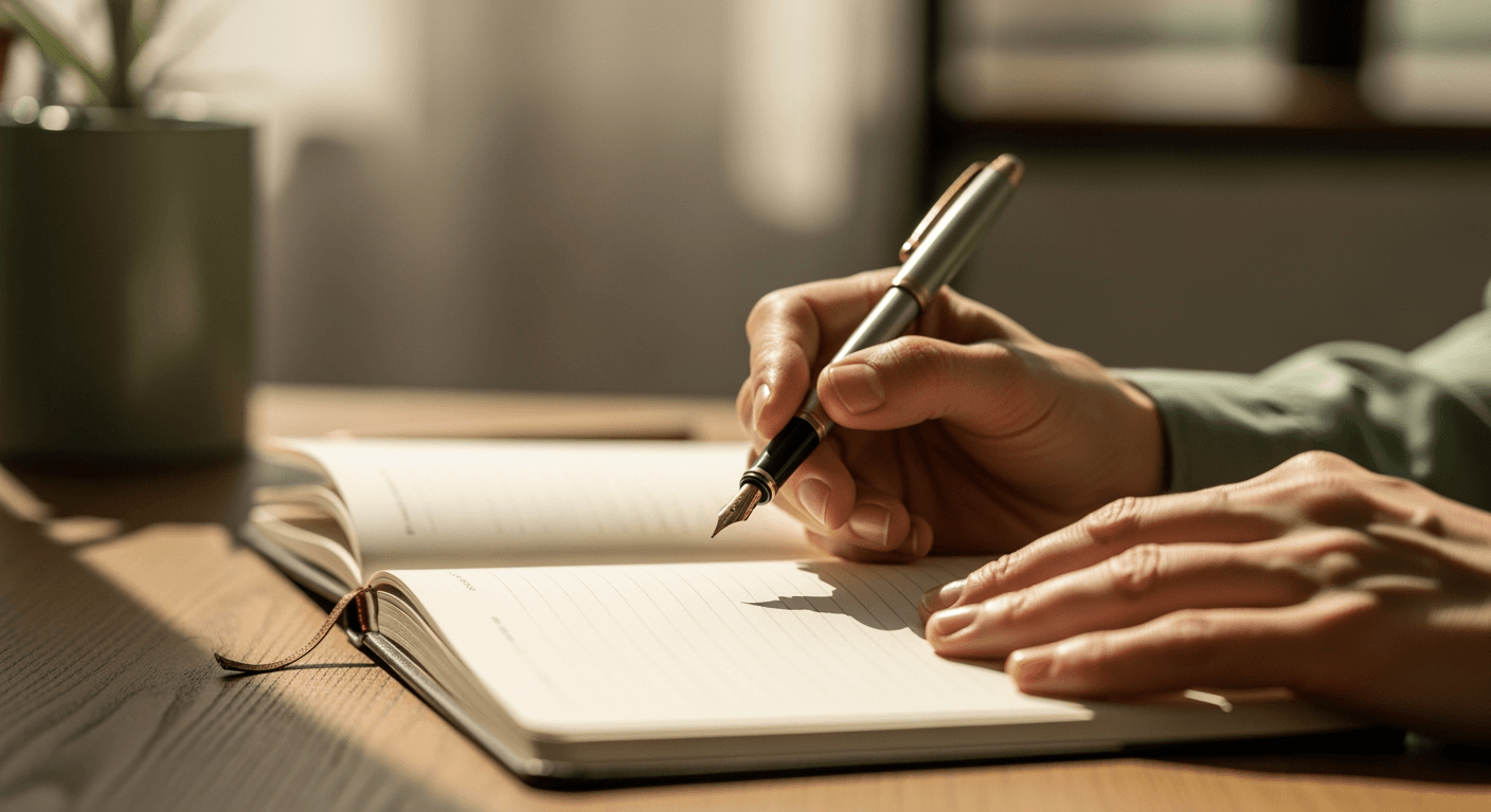 Close-up of hands holding a pen over an open notebook on a wooden desk.