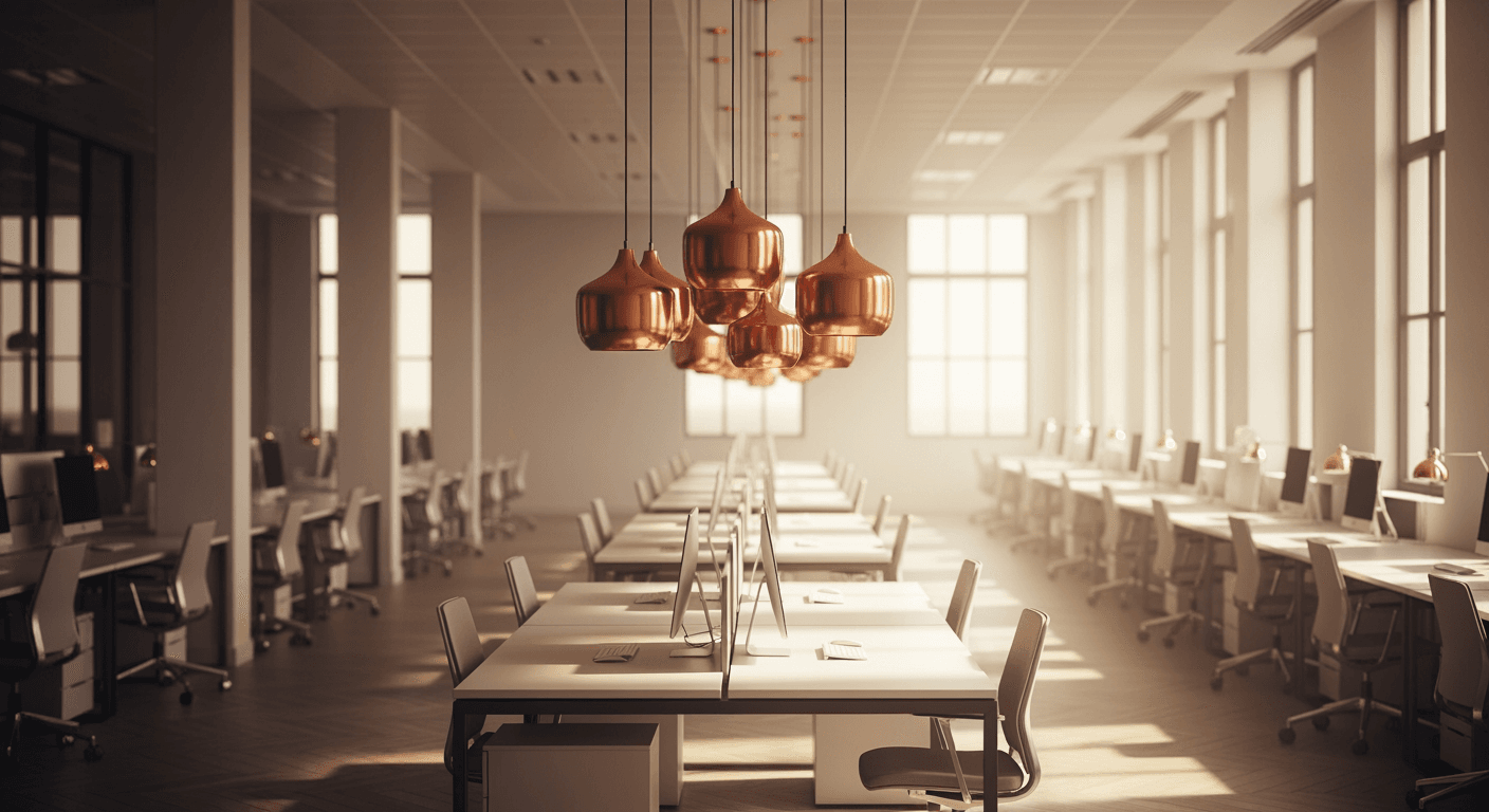 Empty modern open-plan office with large windows, natural light, and copper pendant lights.