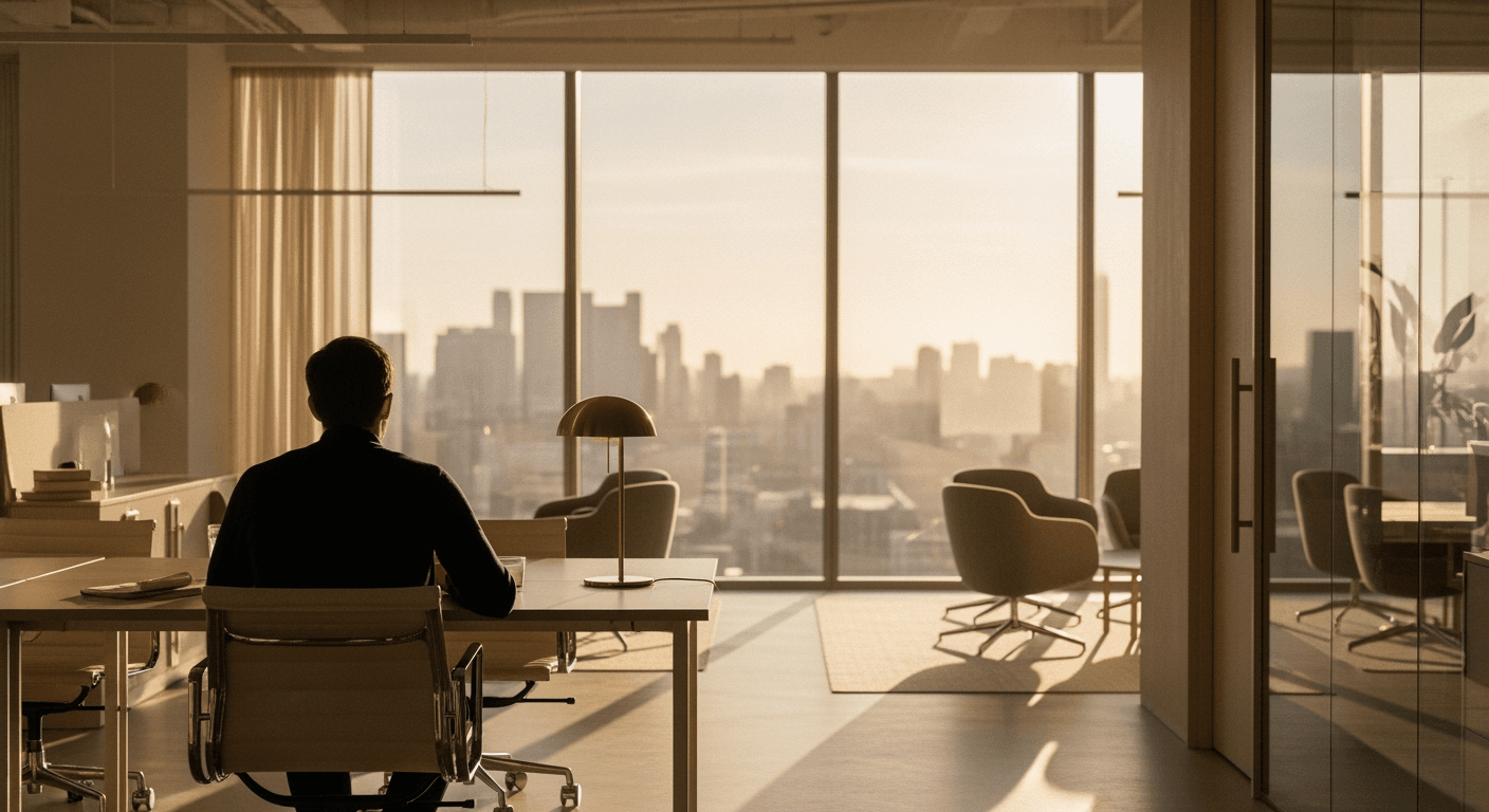 Person from behind, sitting at a desk, looking out large office windows.