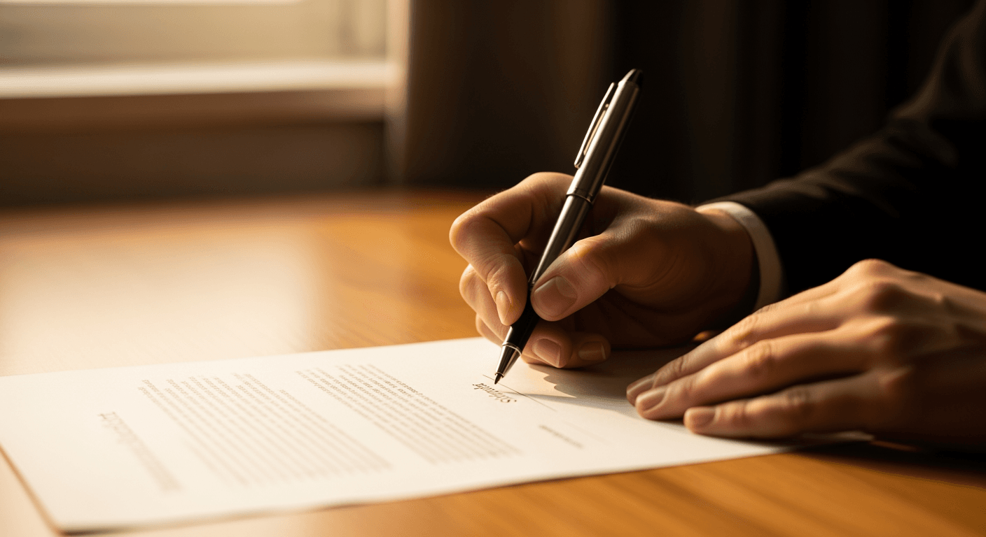 Close-up of hands signing an official document on a warm wooden desk.