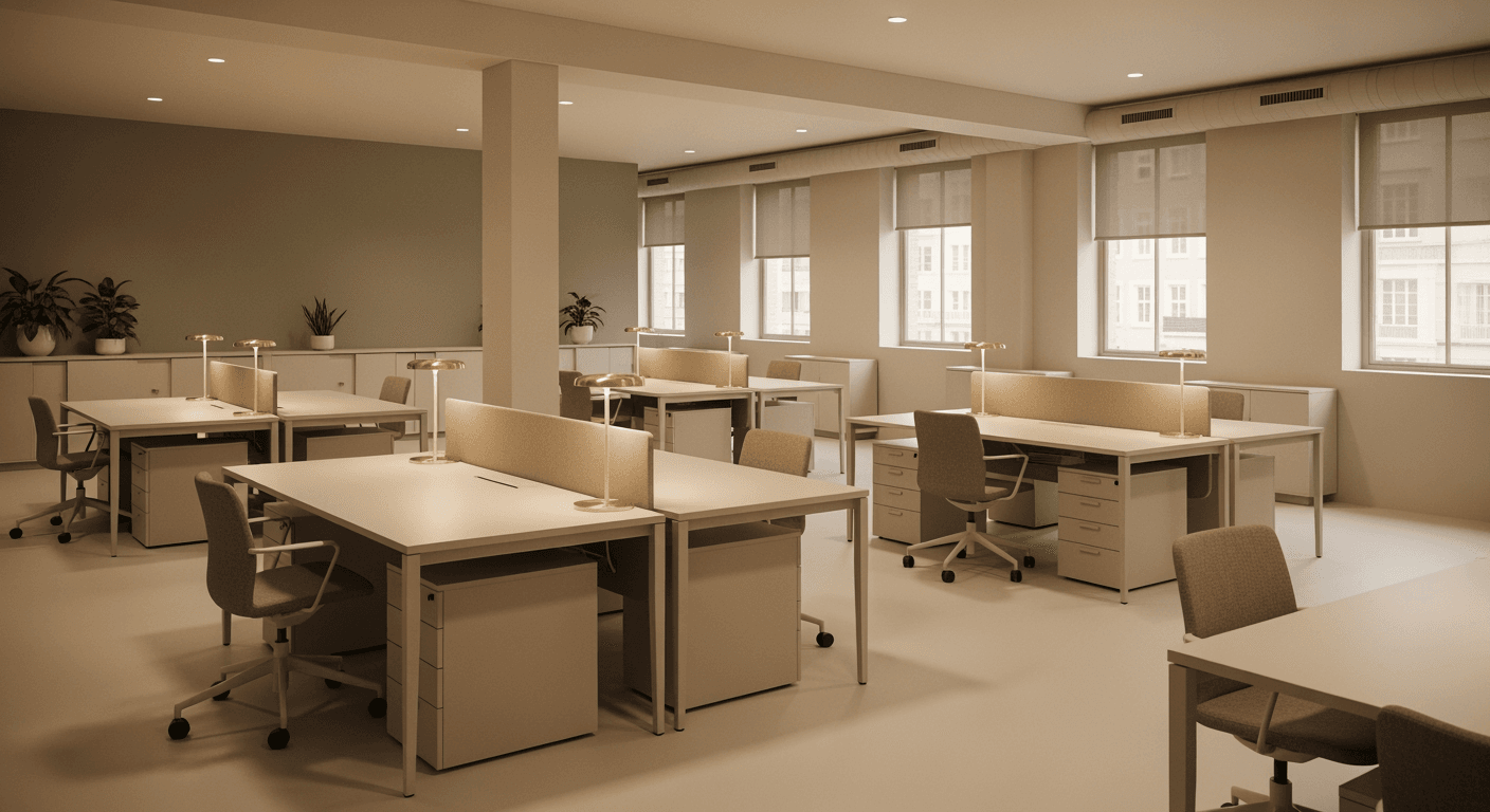 Wide view of a spacious, quiet modern office with multiple empty desks.