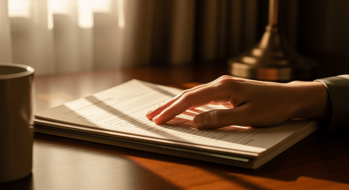 A hand gently resting on a stack of official documents on a polished wooden table.