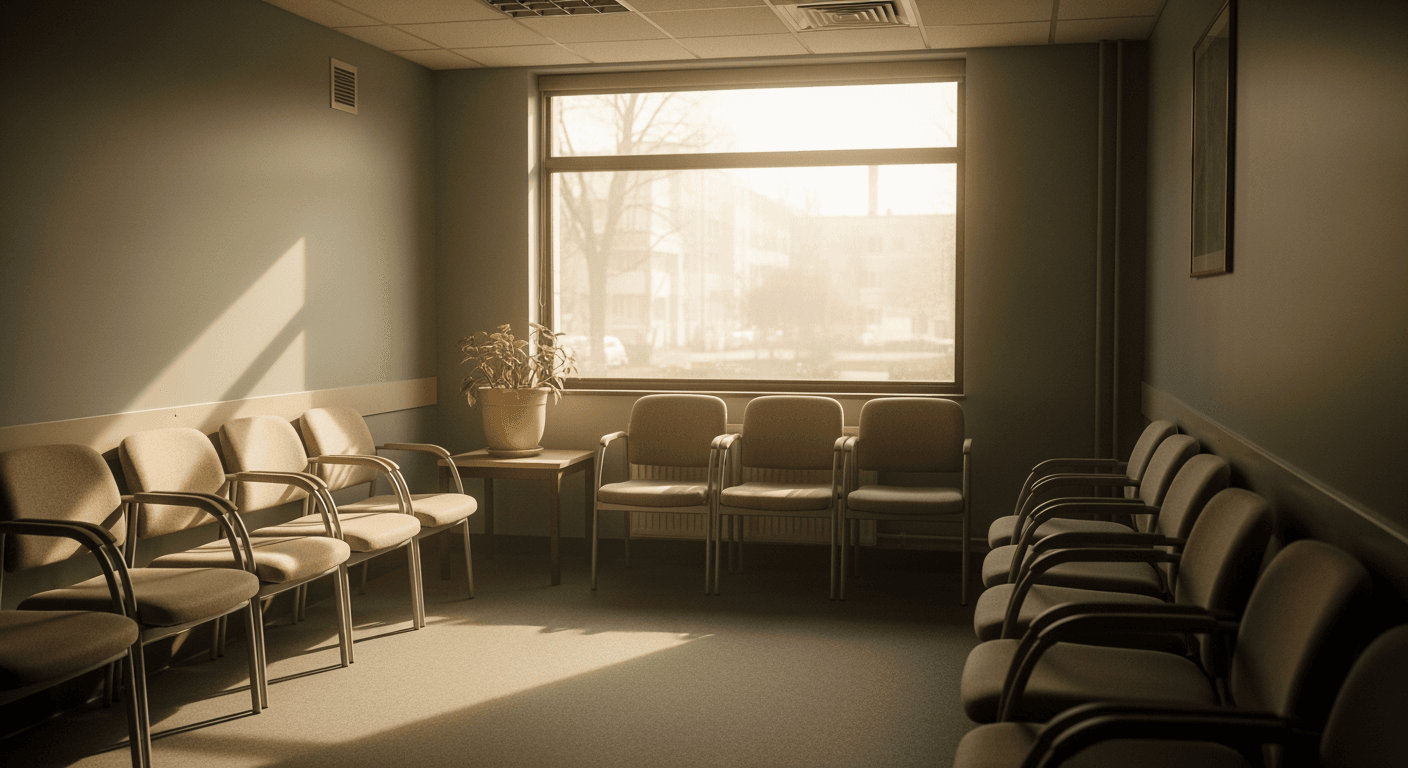 An empty, quiet waiting room with several chairs and a large window.