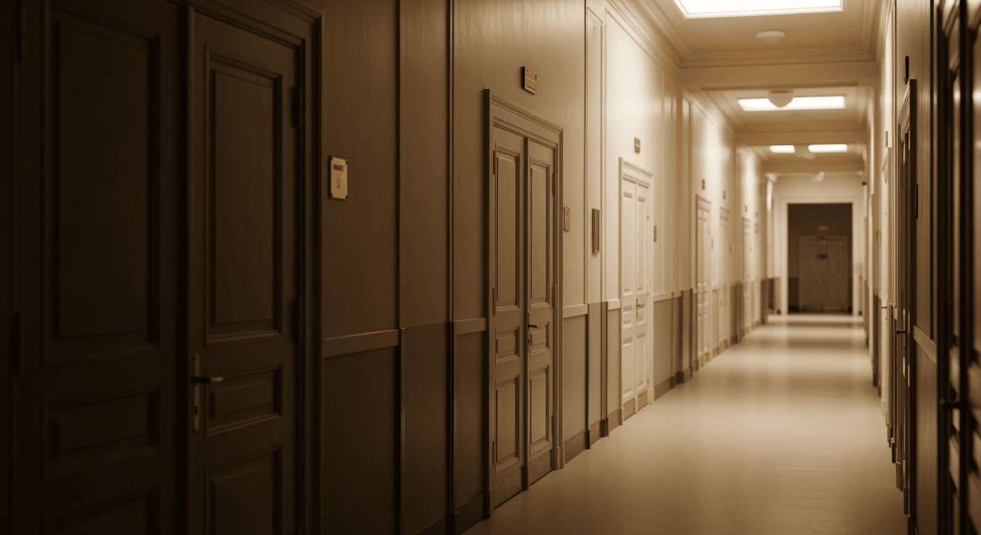 A long, empty institutional hallway with closed doors, bathed in soft light.