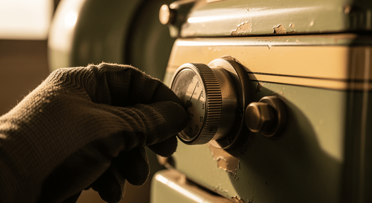 Close-up of a skilled hand wearing a work glove, precisely adjusting a machine's metal dial.