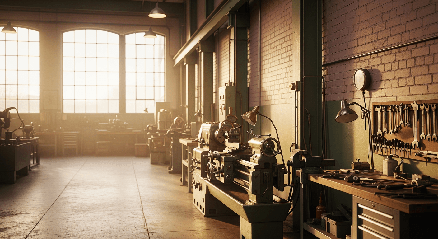 An empty, well-lit industrial workshop interior with large windows and heavy machinery.