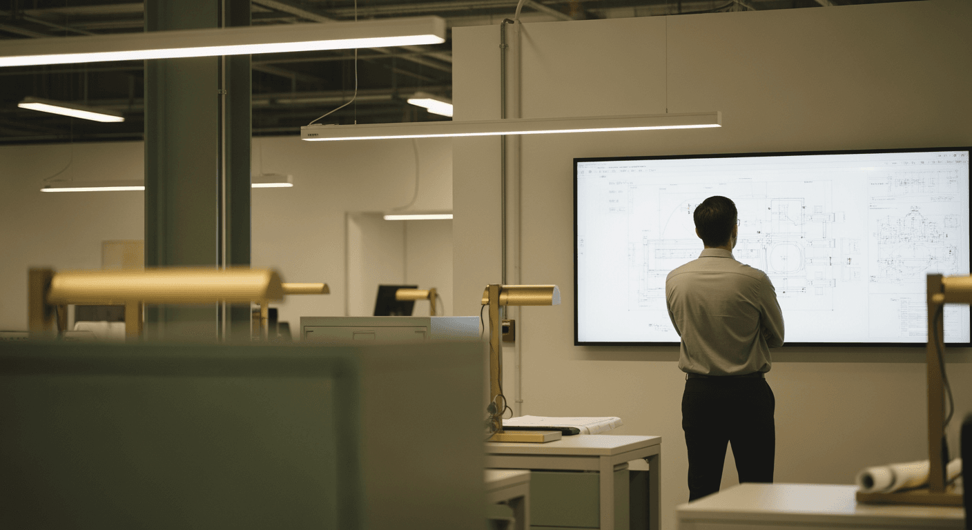 A lone professional, seen from behind, contemplating a complex blueprint on a large screen.