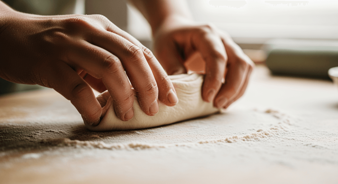 Hands shaping dough on a floured wooden surface, ready for baking.