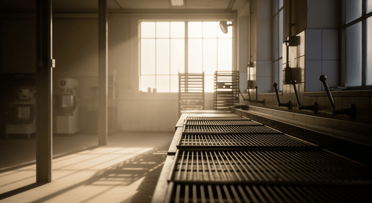 Empty industrial bakery with rows of cooling racks and a misty window.