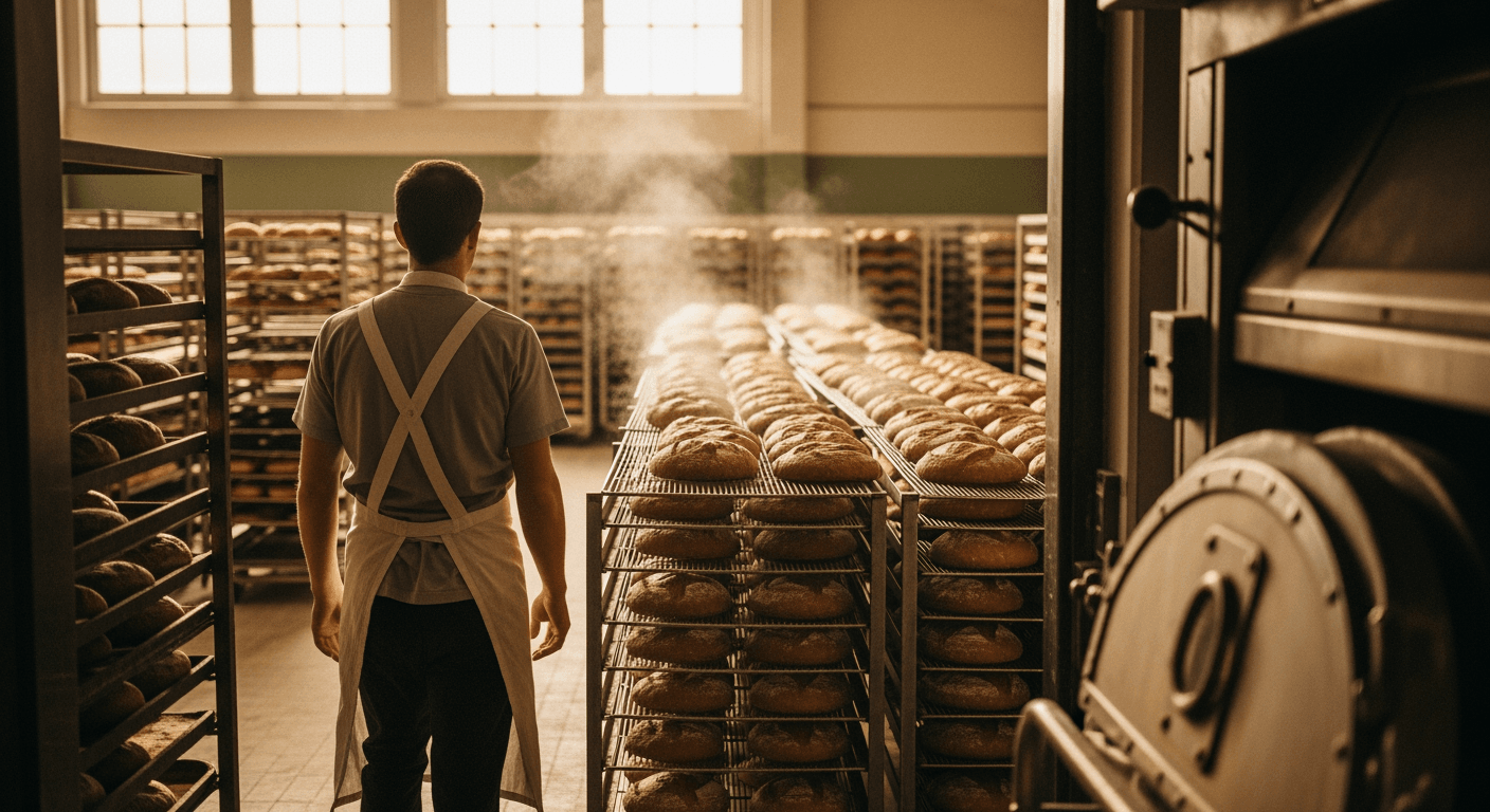 Baker seen from behind, surveying a large batch of freshly baked bread.