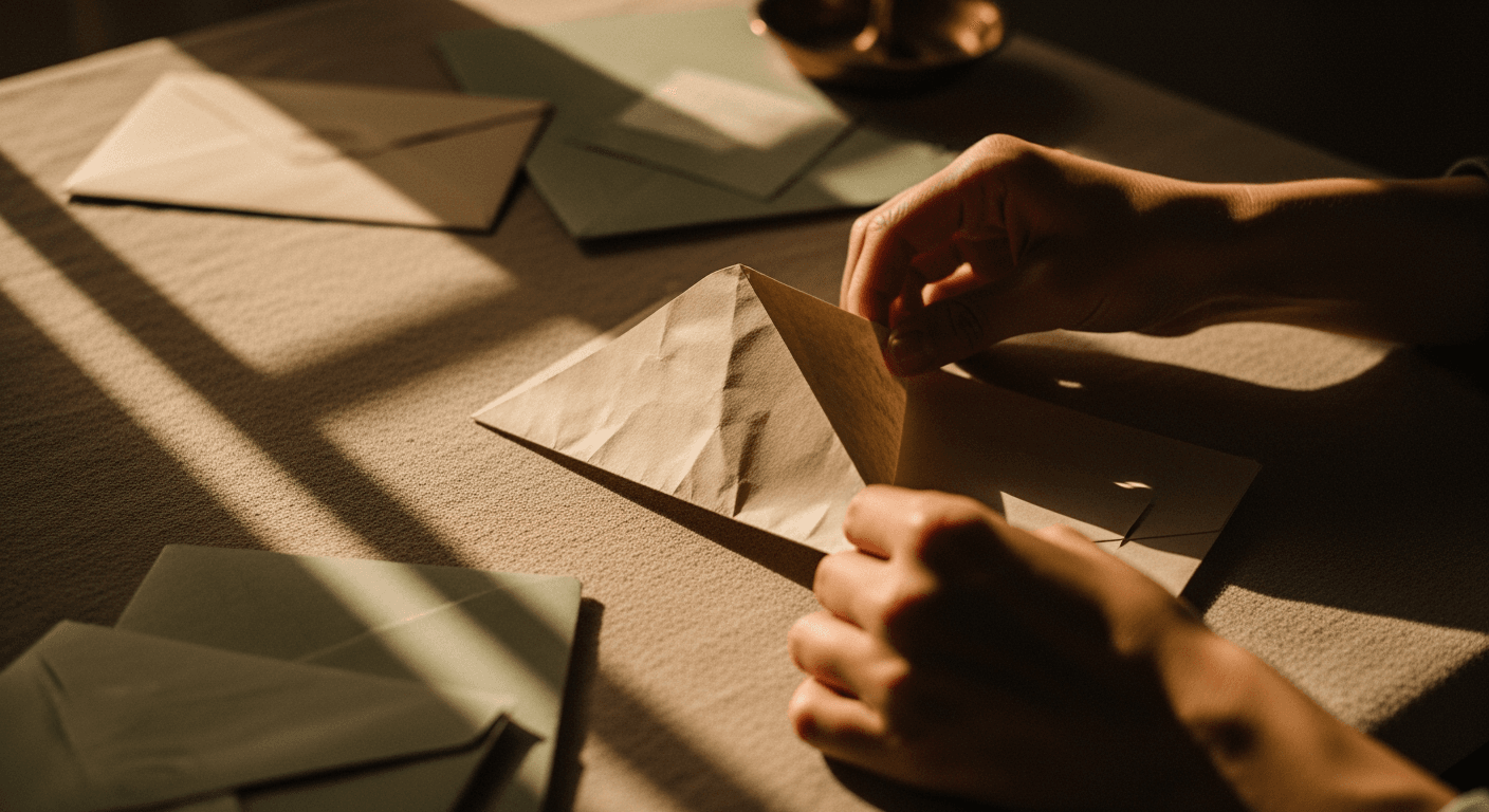 A pair of hands gently unfolding a creased letter on a warm, textured surface.