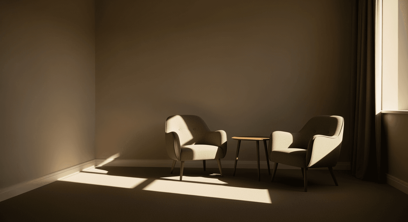 An empty, quiet counselling room with two chairs and a window, bathed in soft light.