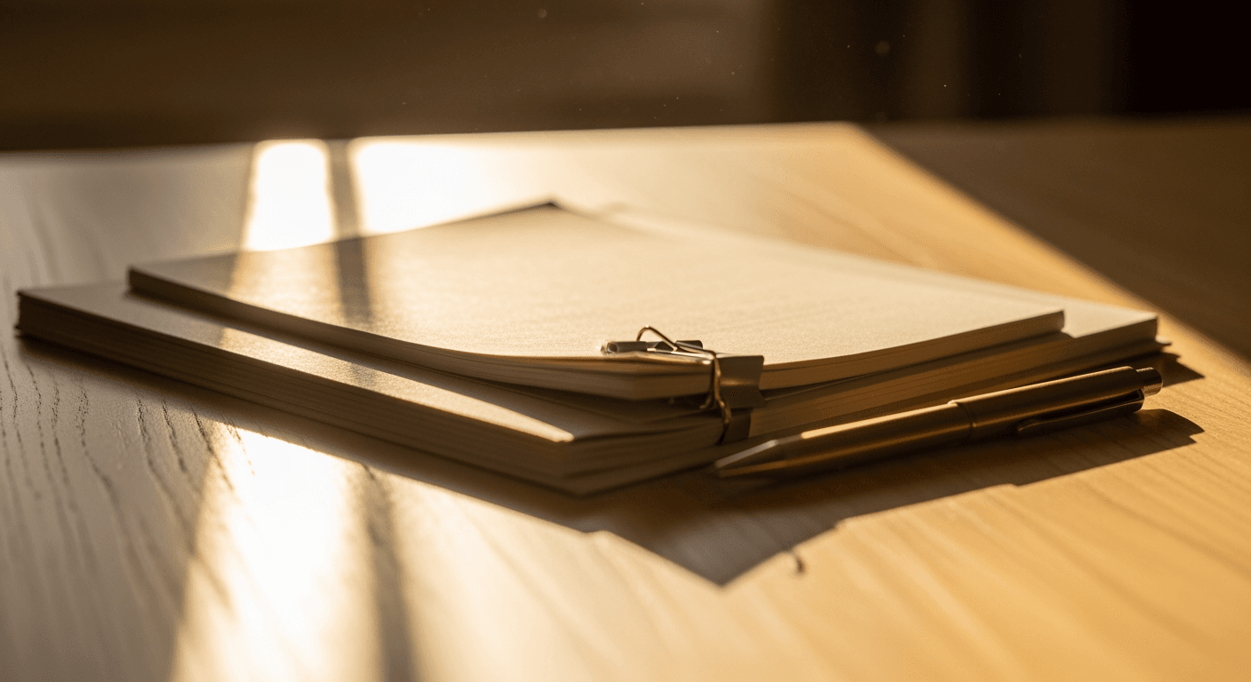 A small stack of neatly organized documents on a light wooden table, warm sunlight.