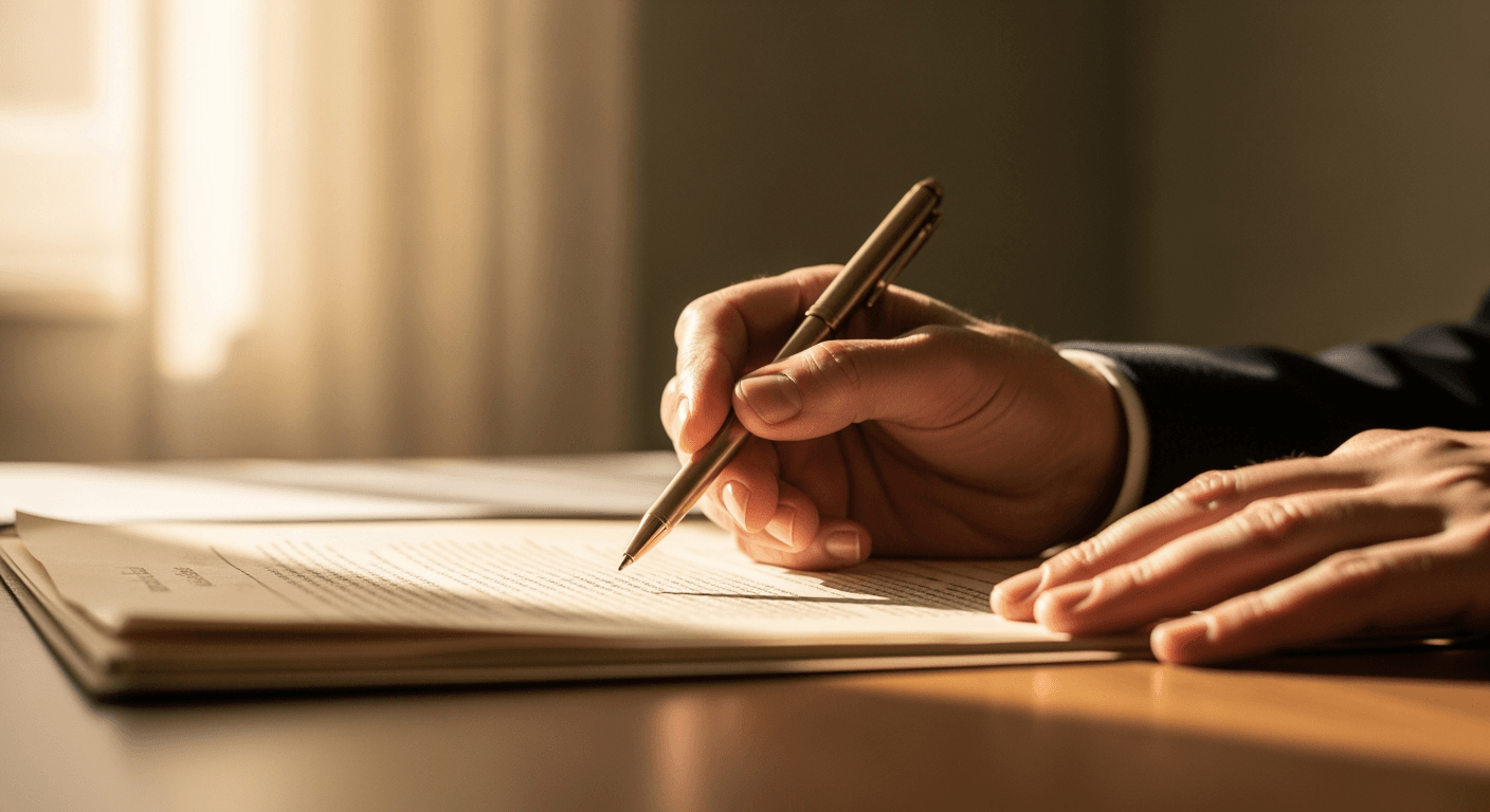 Close-up of hands gently holding a pen over official-looking documents on a wooden desk.