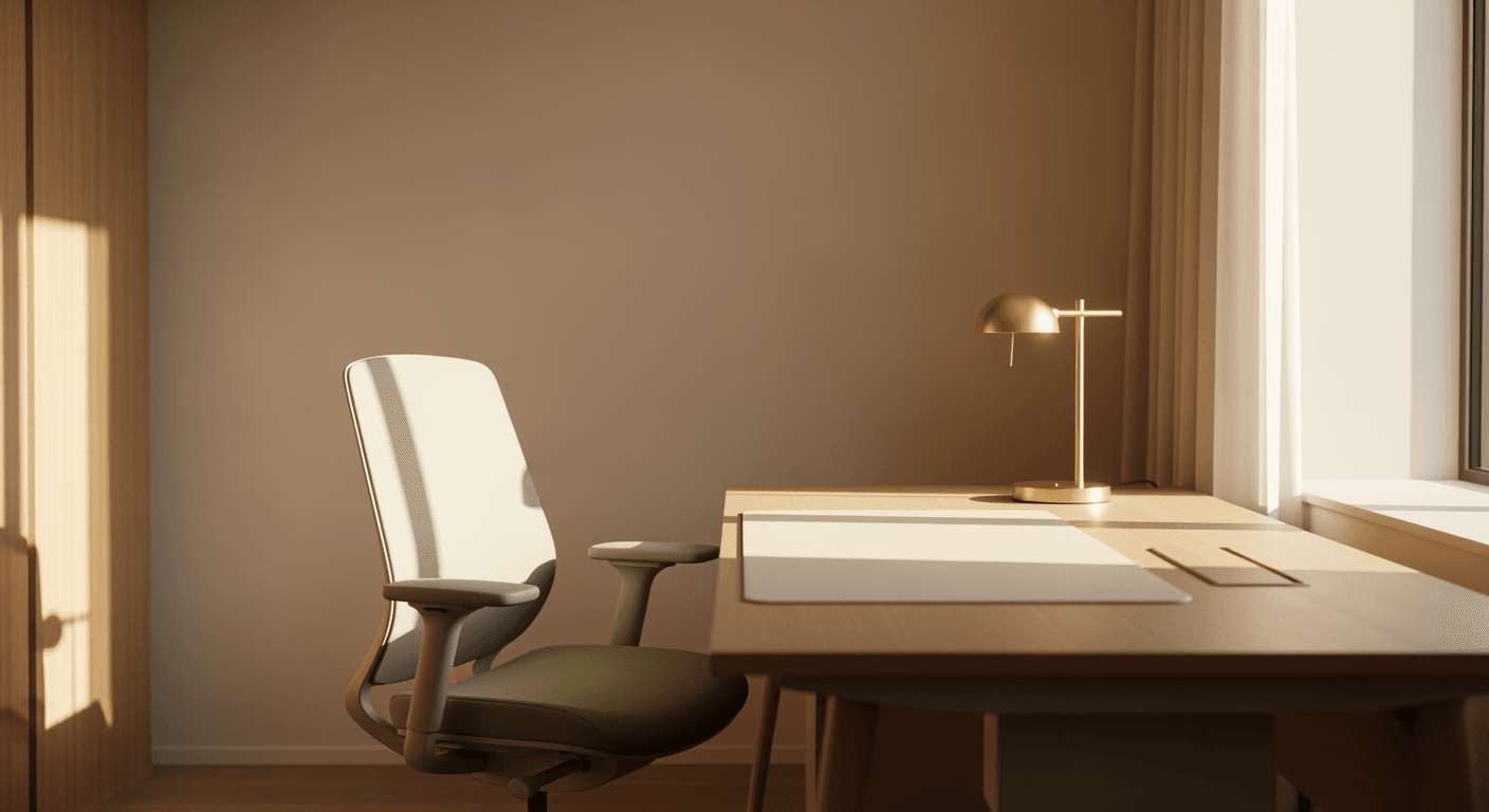 An empty, serene modern office space with a clean desk and ergonomic chair.
