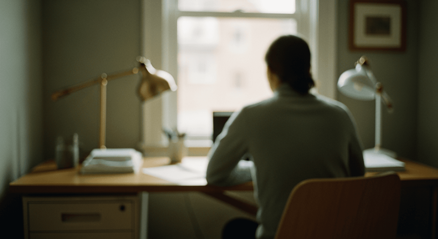 A person's back, slightly out of focus, seated at a desk near a window, looking thoughtfully.