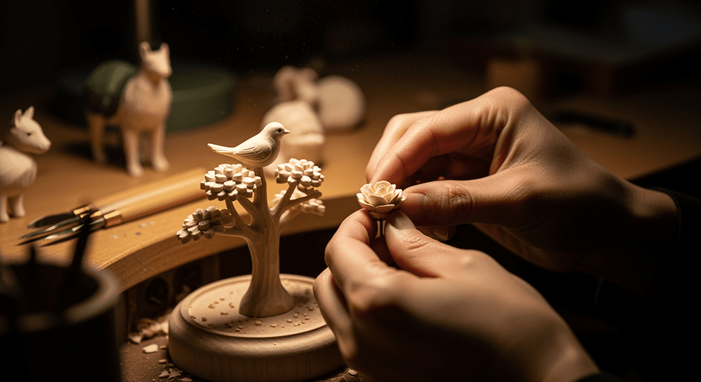Close-up of hands carefully arranging small, intricate wooden pieces on a workbench.