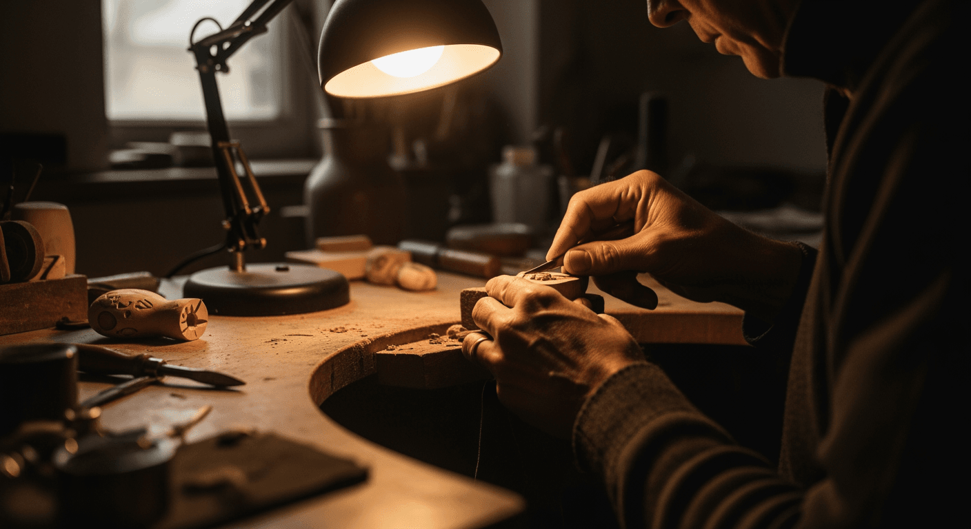 Quiet workshop interior with a single workbench, tools, and warm light.