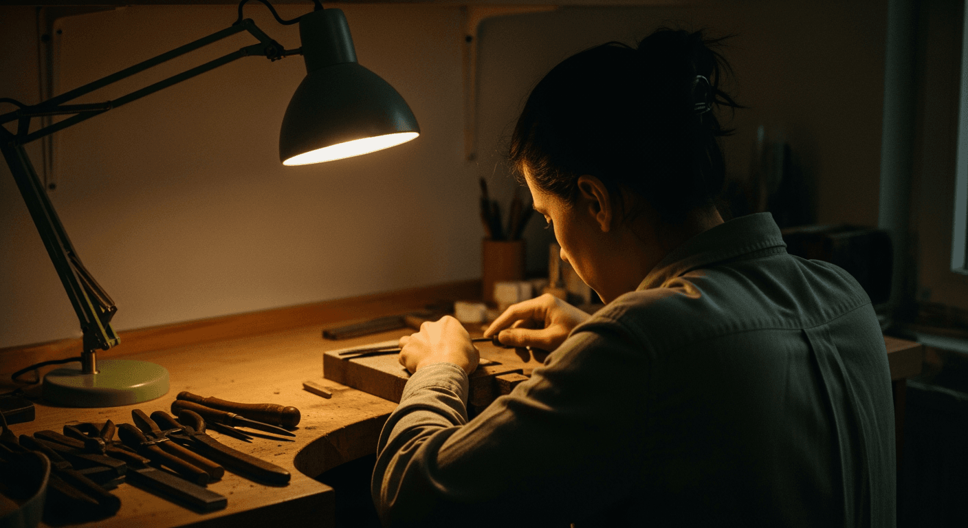 Person working diligently at a workbench, seen from behind, under a warm lamp.