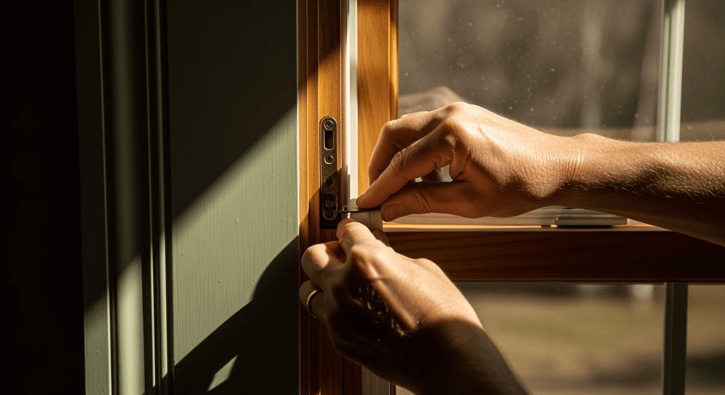 Hands carefully sealing a window frame with weatherstripping, showing focused effort.