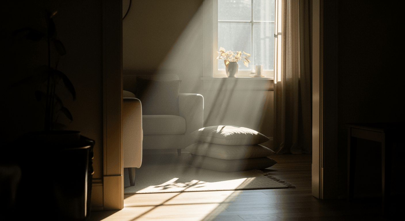 A brightly lit, empty living room corner with a cozy window and soft, warm light.