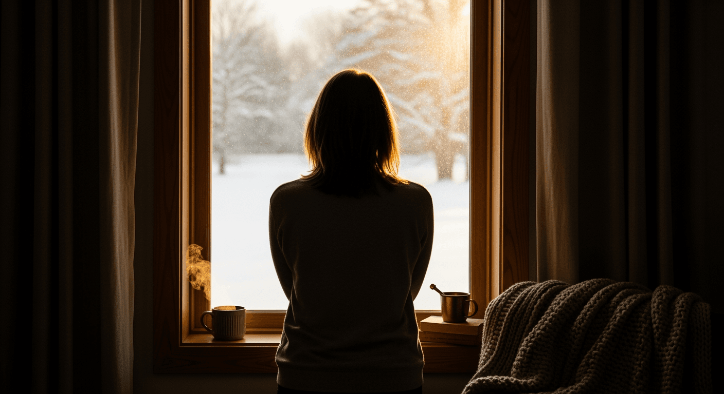 A person from behind, looking out a window at a snowy landscape from a warm home.