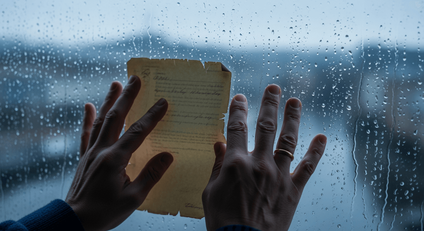Close-up of hands holding a worn document through a rain-streaked window.