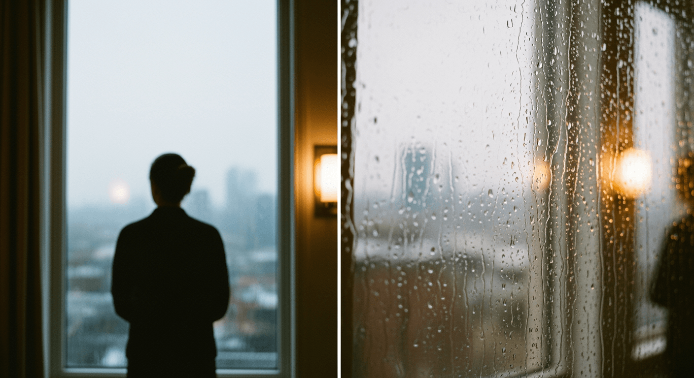 Silhouette of a person standing by a window, looking out at a rainy cityscape.