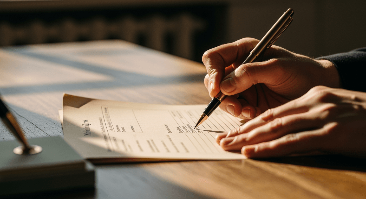Close-up of hands carefully filling out official paperwork on a wooden desk.