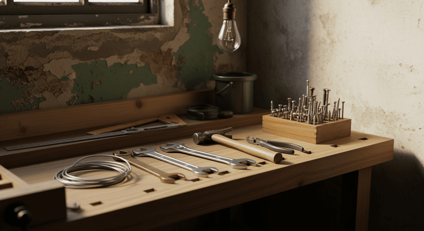 An empty, quiet industrial workshop corner with tools on a workbench.