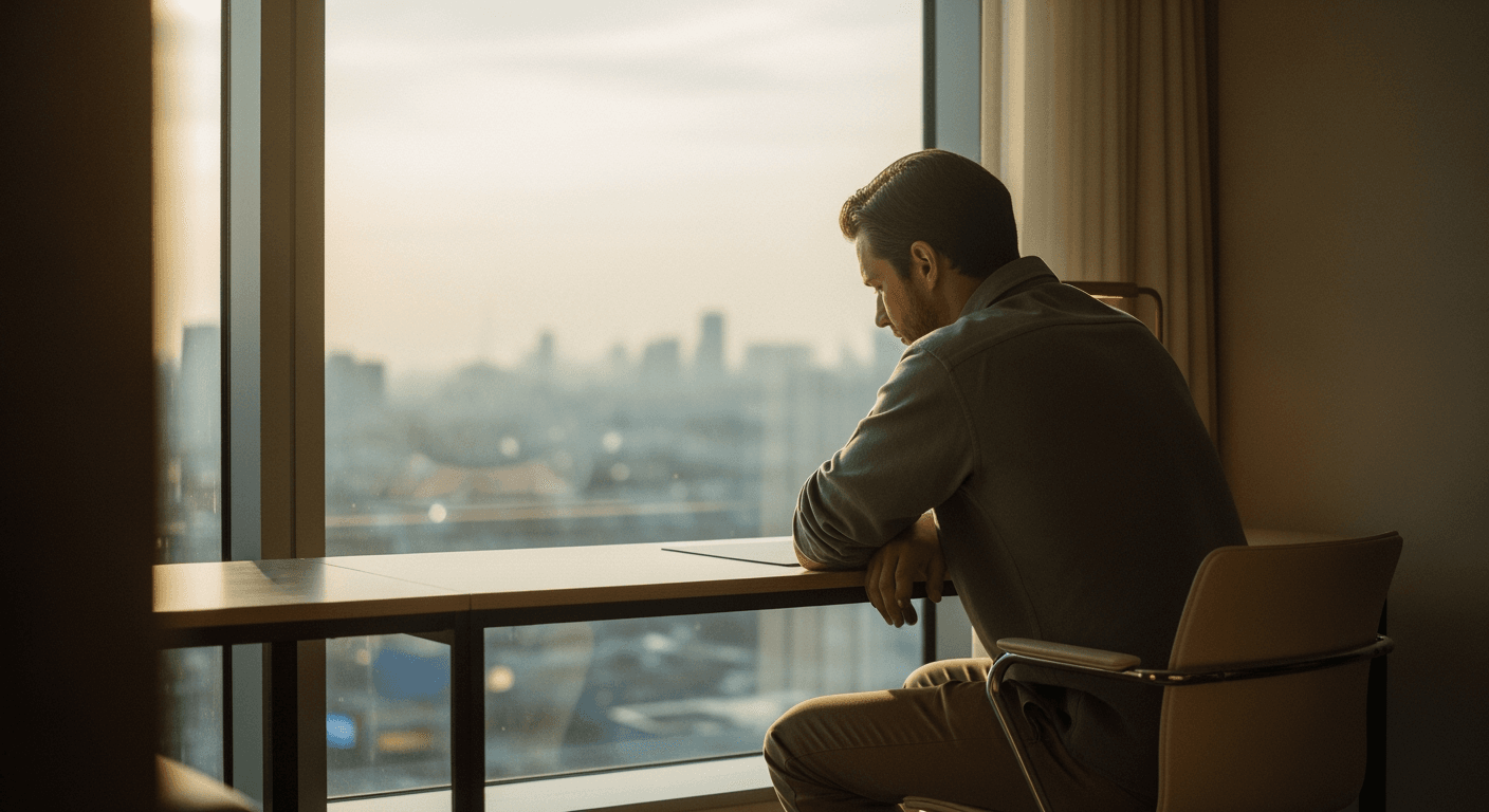 A person sitting alone at a desk, looking out a window reflectively.