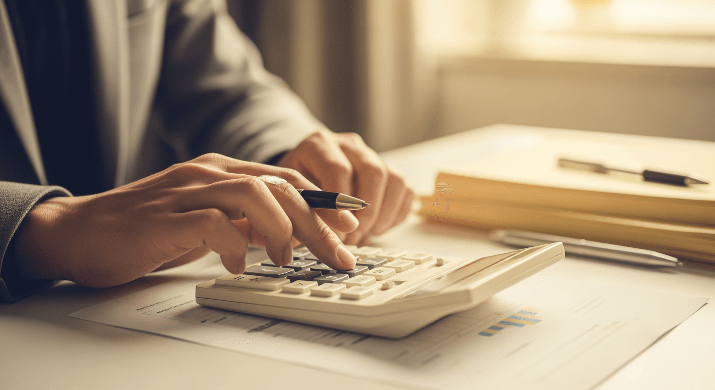 Close-up of hands operating a calculator on a desk with stacked papers.