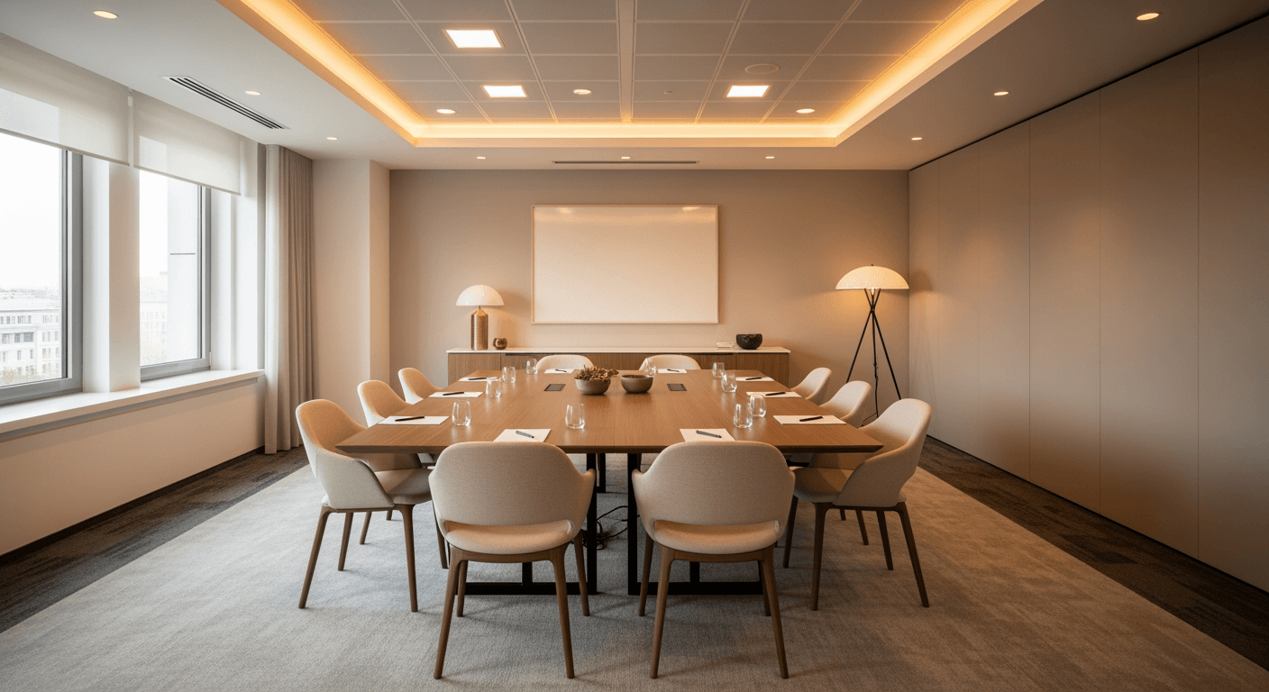 Empty modern office meeting room with a large table and chairs, natural light.