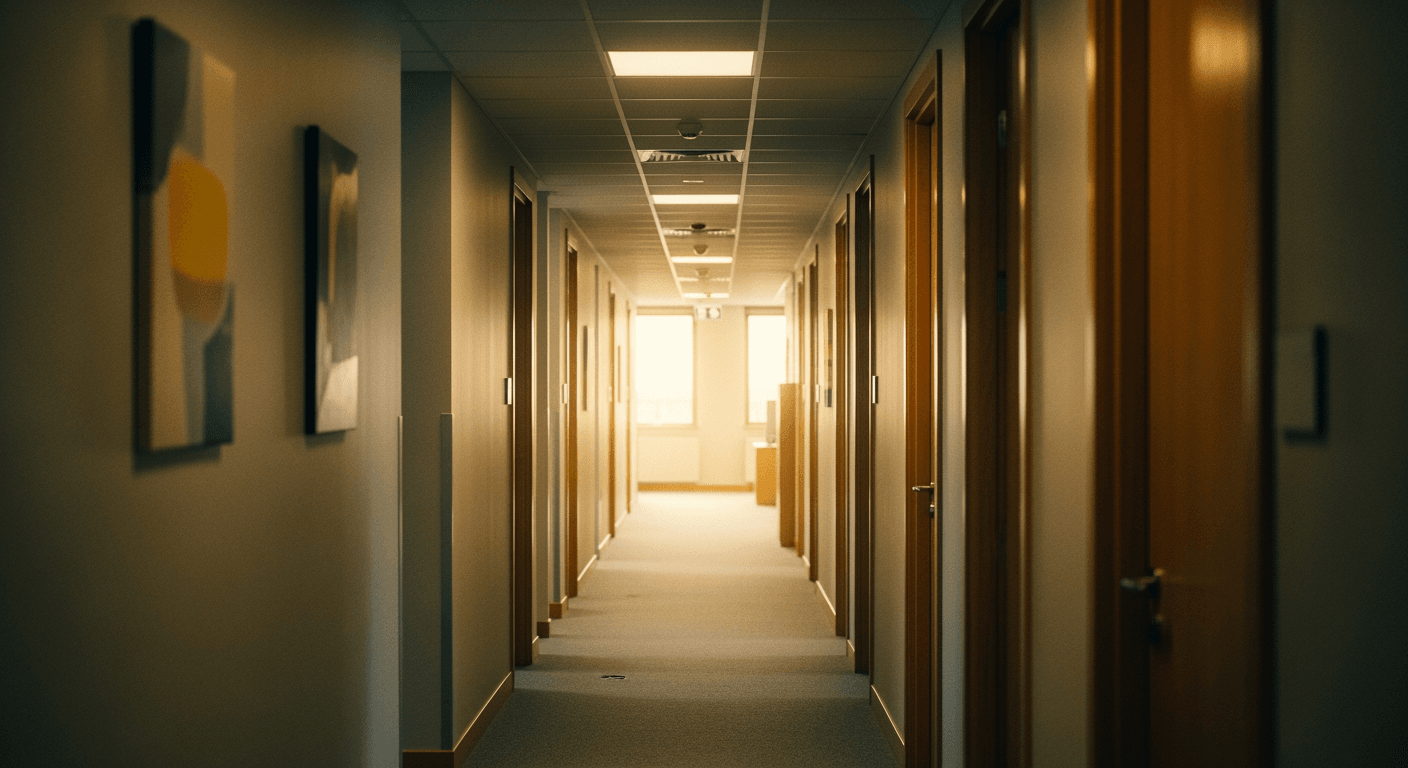 Quiet office hallway with closed doors and subtle natural light from windows.