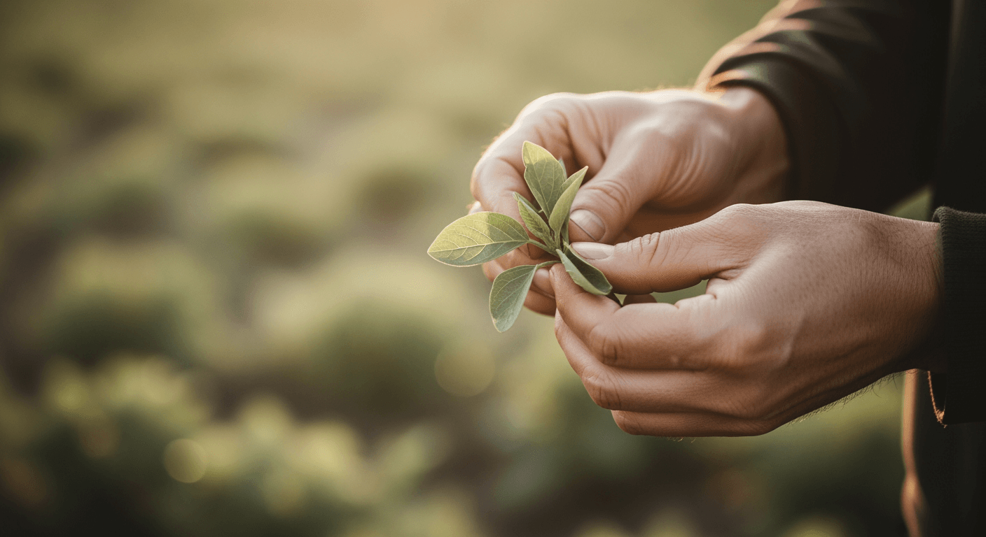 Farmer's hands gently inspecting young plant leaves in a field.